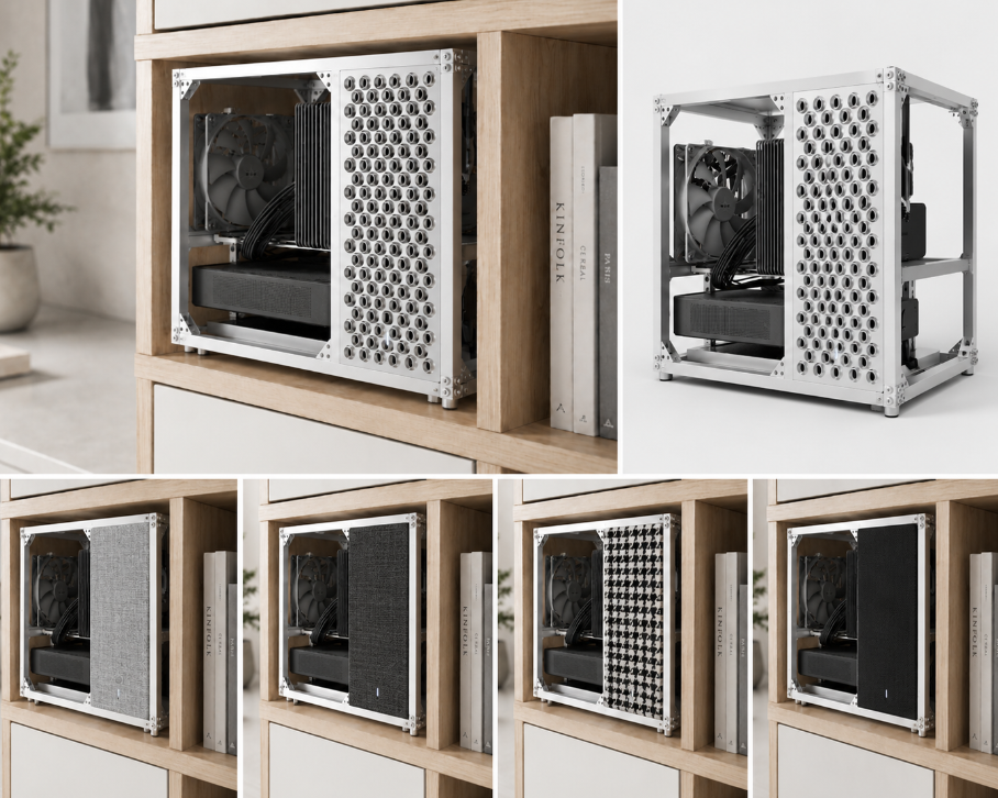 Open-frame KX computer case and interchangeable front-panel studies